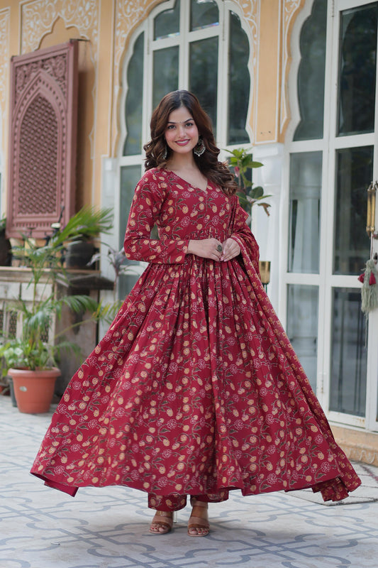 Maroon color cotton printed sharara suit for wedding