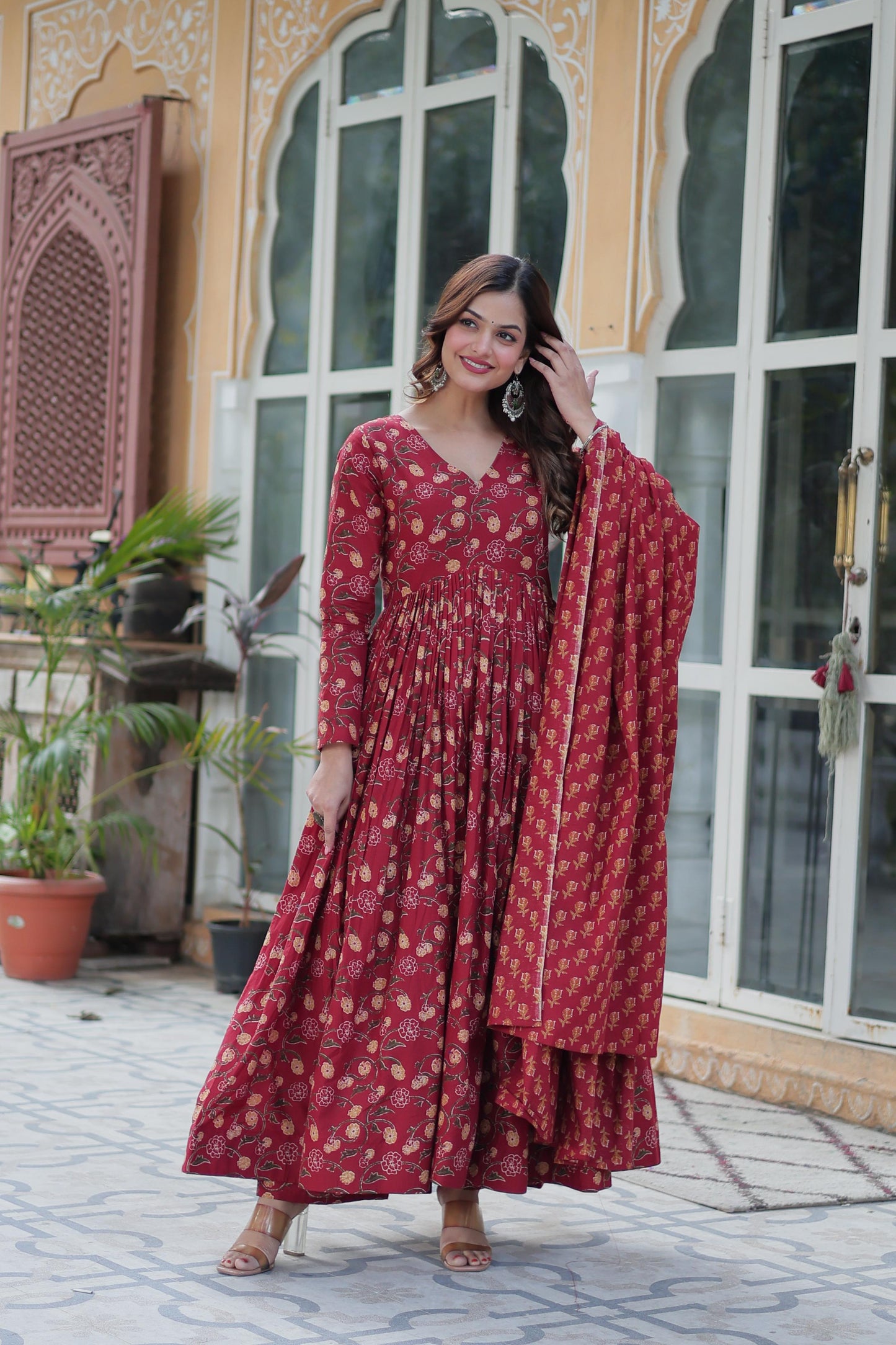Maroon color cotton printed sharara suit for women price