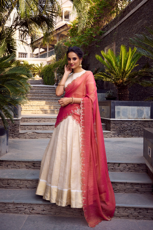 Off white color jacquard chex lehenga choli for wedding