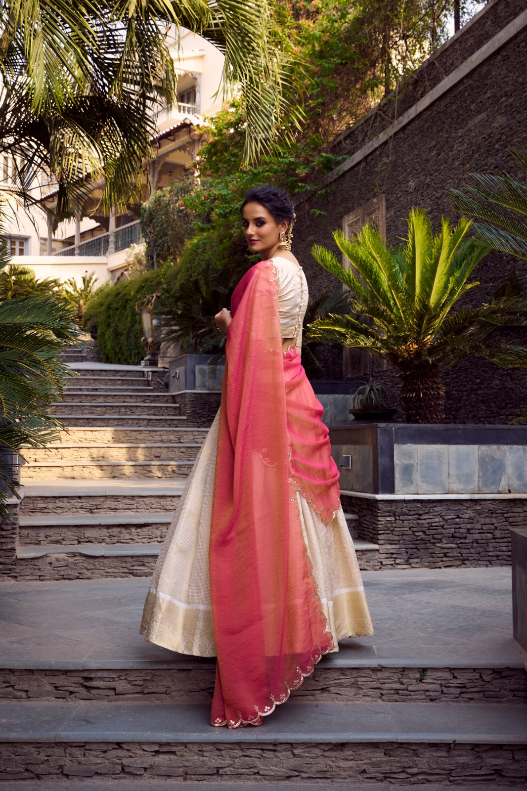 Off white color jacquard chex lehenga choli with dupatta