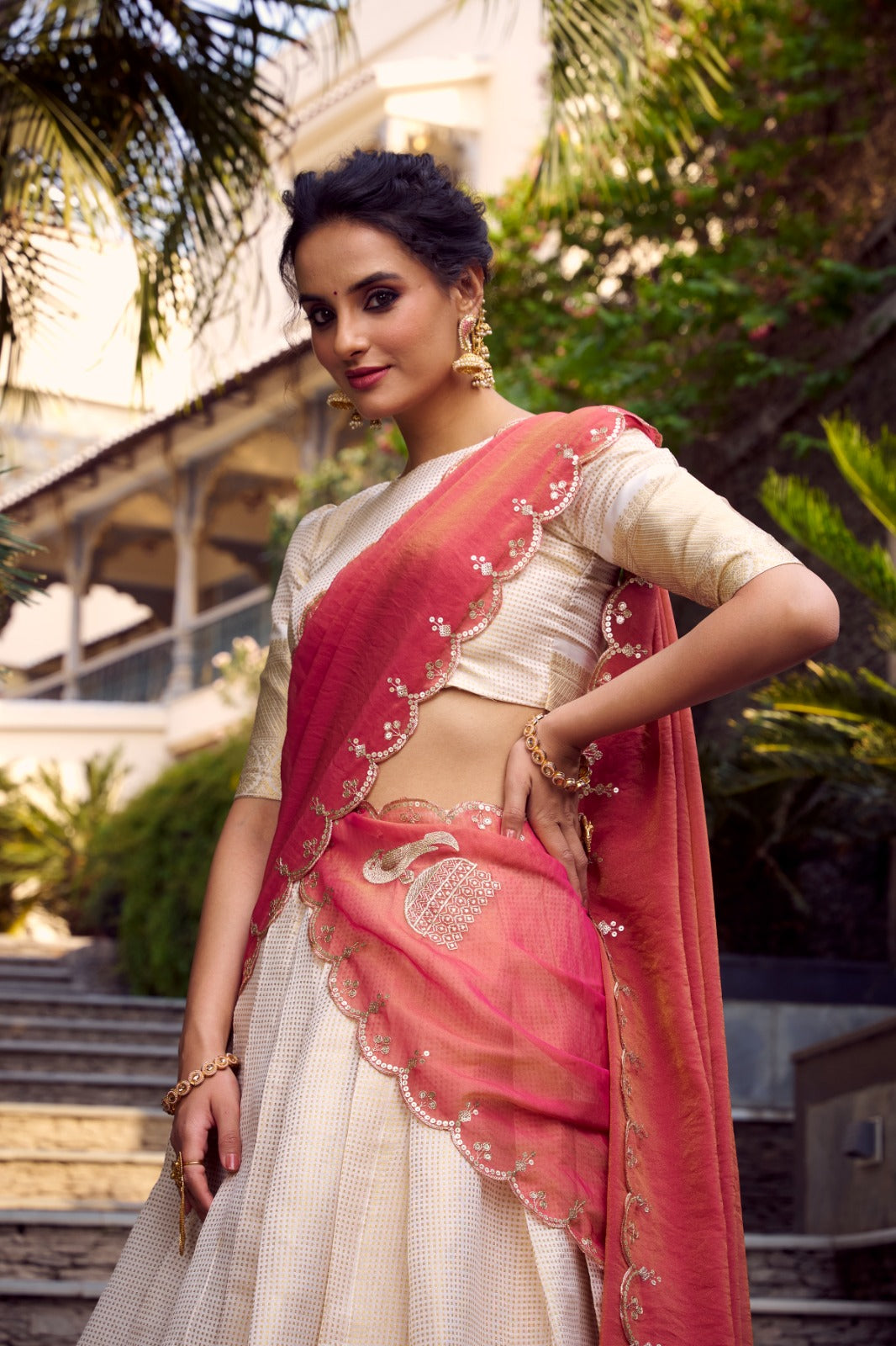 Off white color jacquard chex lehenga choli with dupatta price