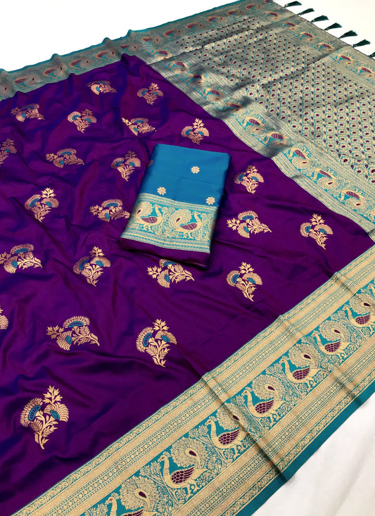Purple color banarasi silk saree for wedding