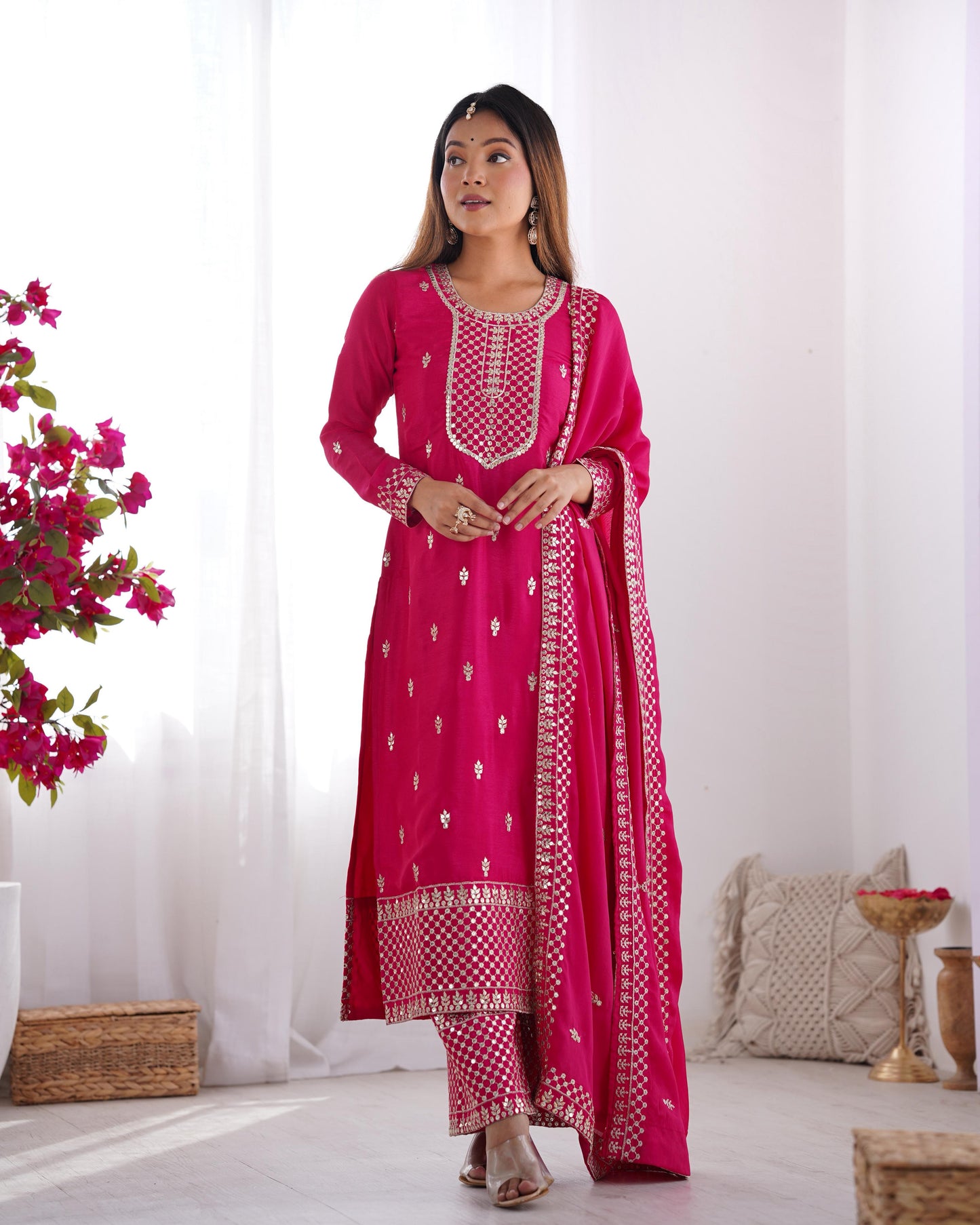 Pink color chinon silk salwar suit for wedding