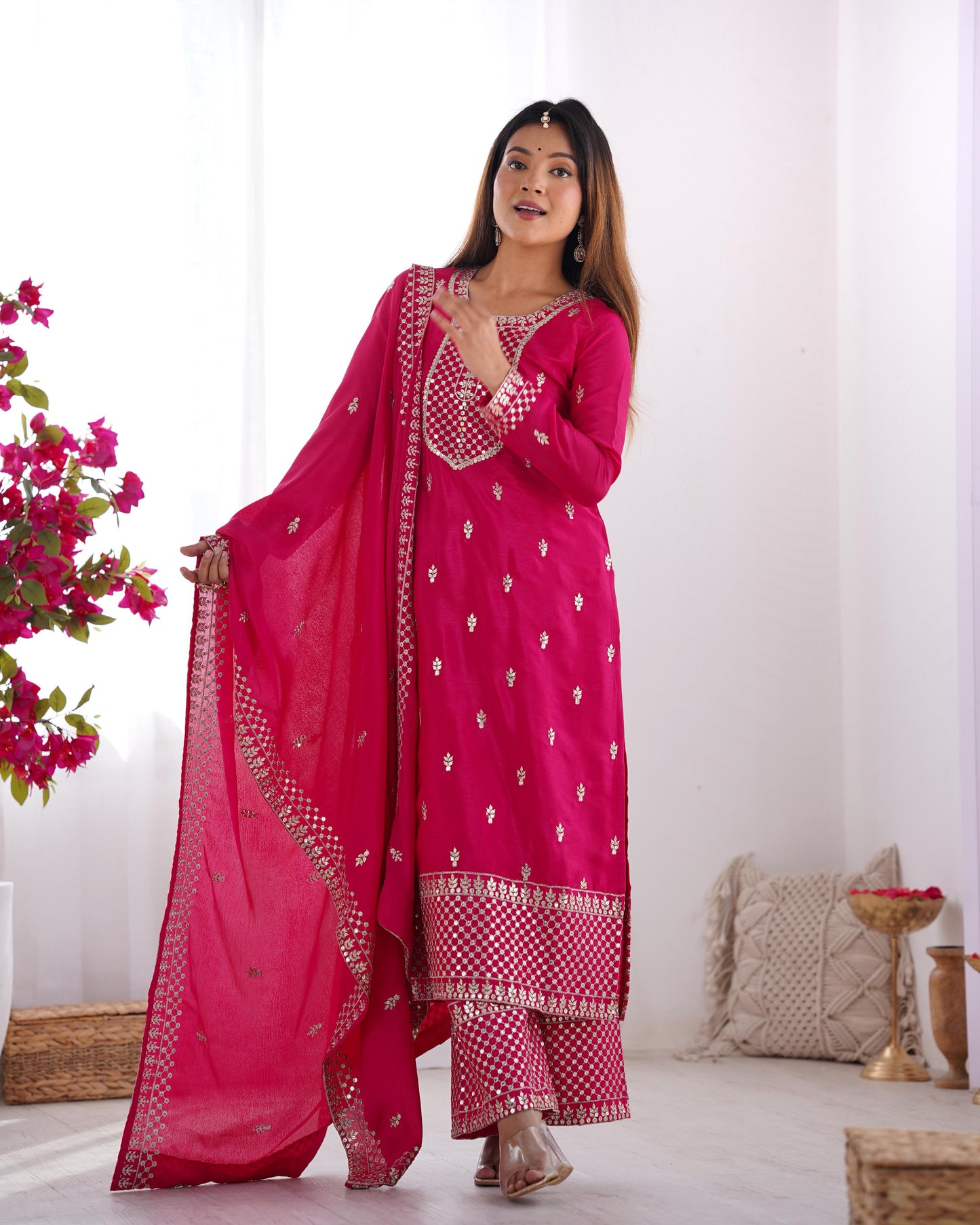 Pink color chinon silk salwar suit with dupatta online