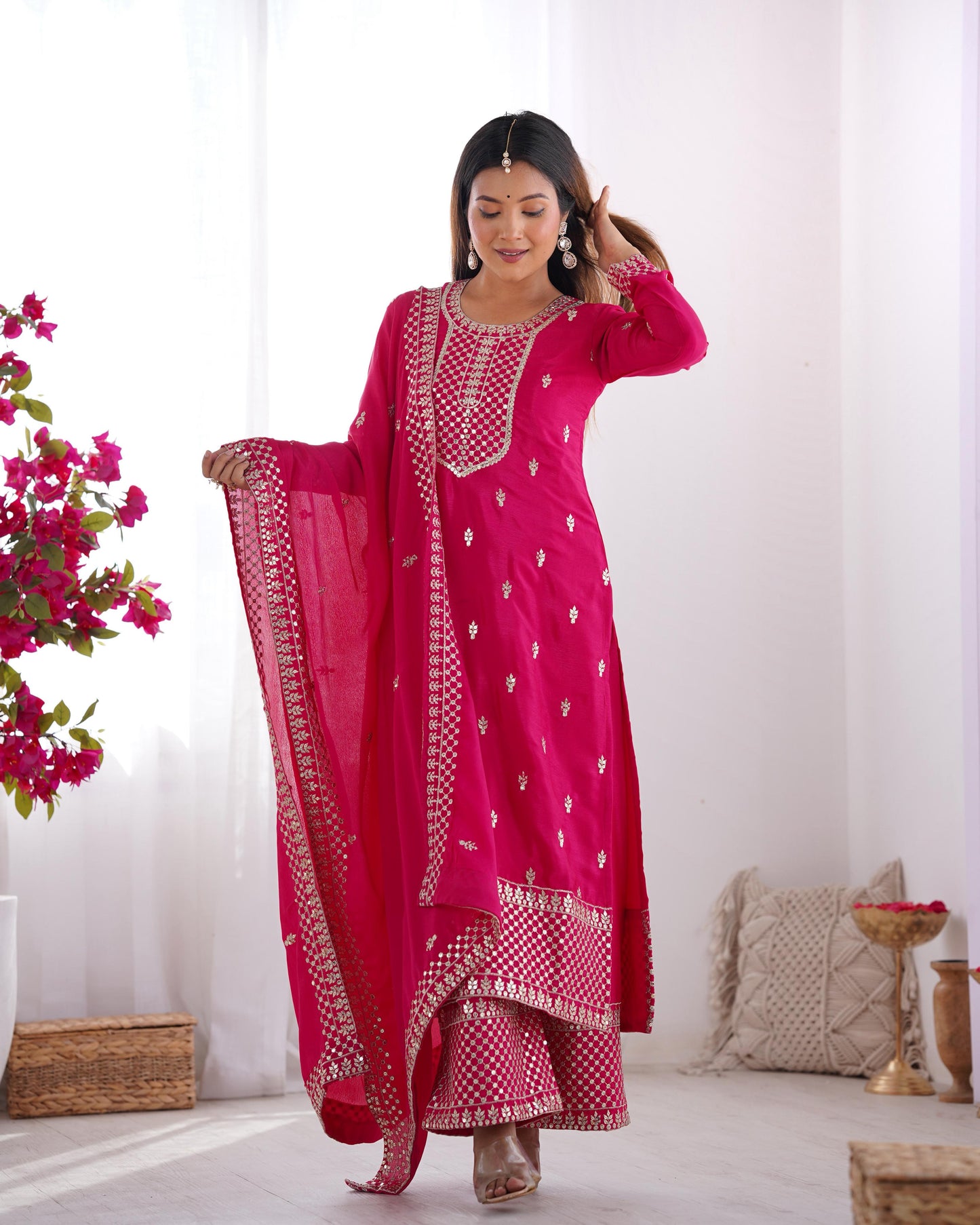 Pink color chinon silk salwar suit with dupatta