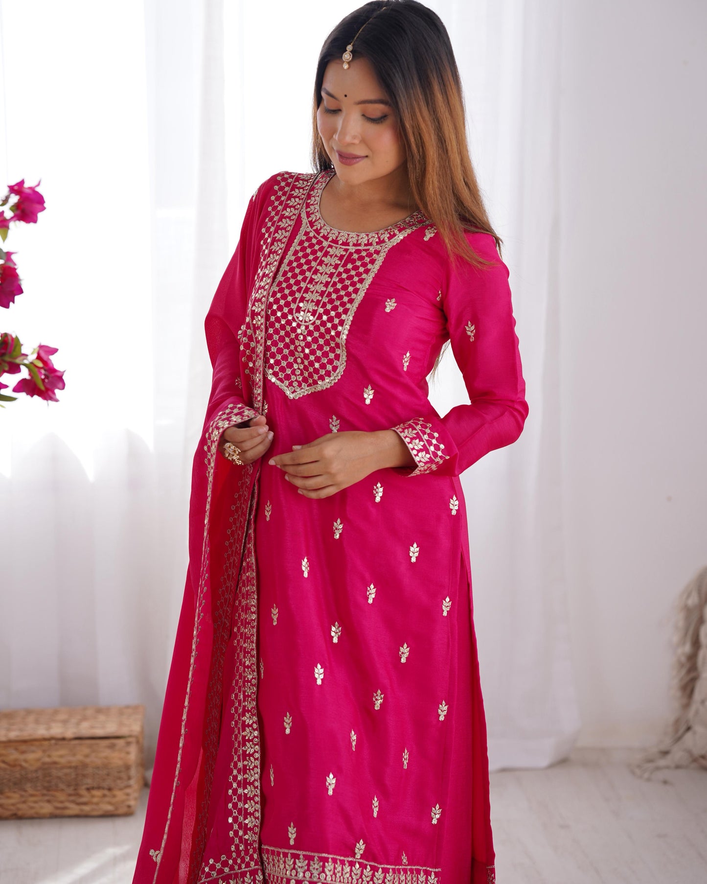 Pink color chinon silk salwar suit with dupatta price