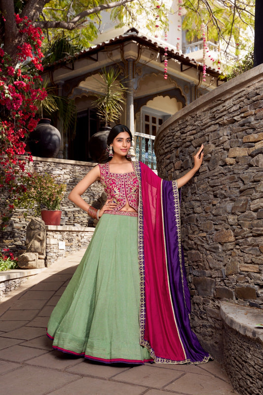 Sea green color vichitra silk lehenga choli for wedding