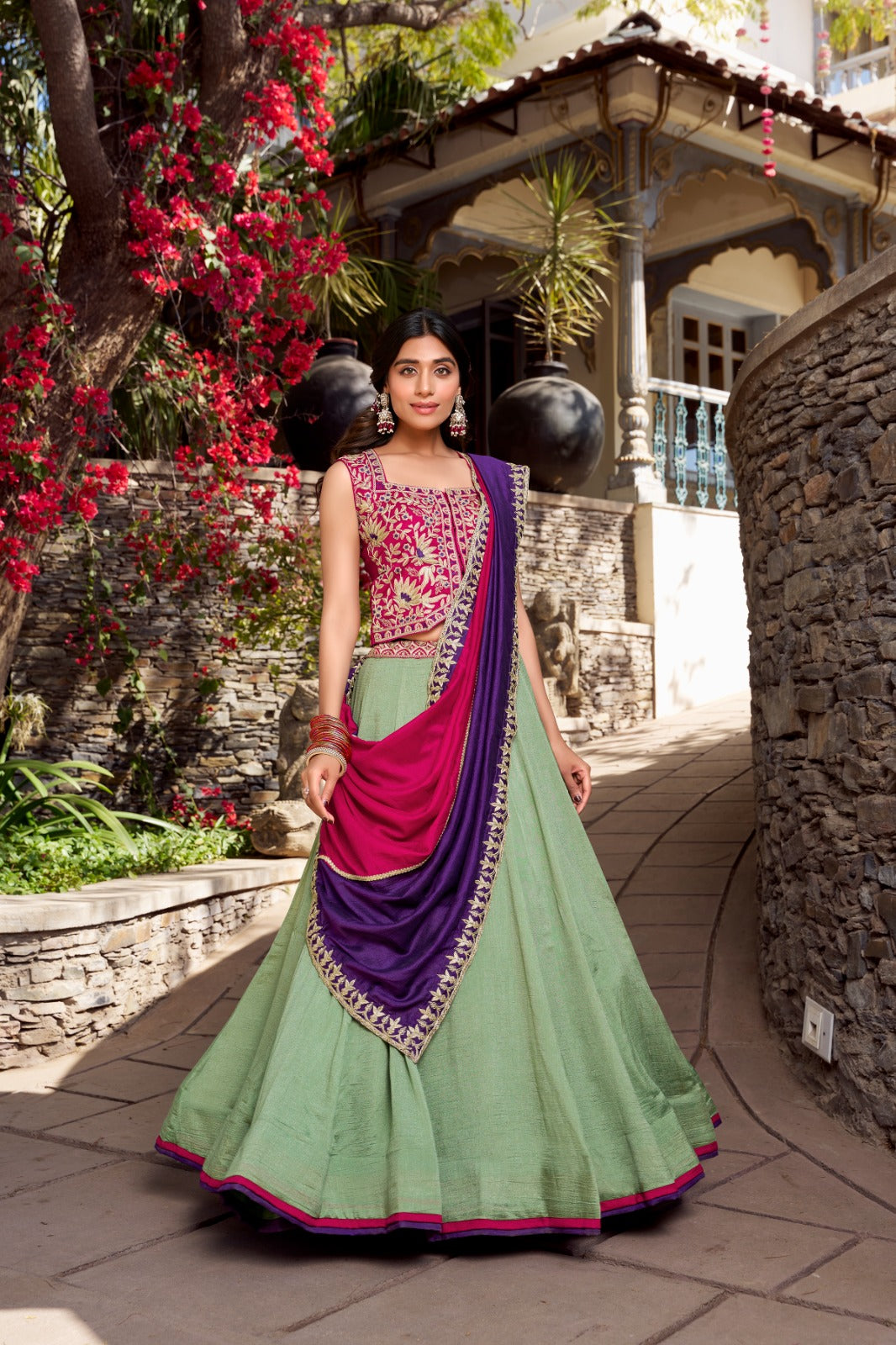 Sea green color vichitra silk lehenga choli with dupatta price