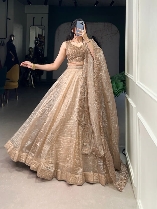 chiku color gold crush lehenga choli for party