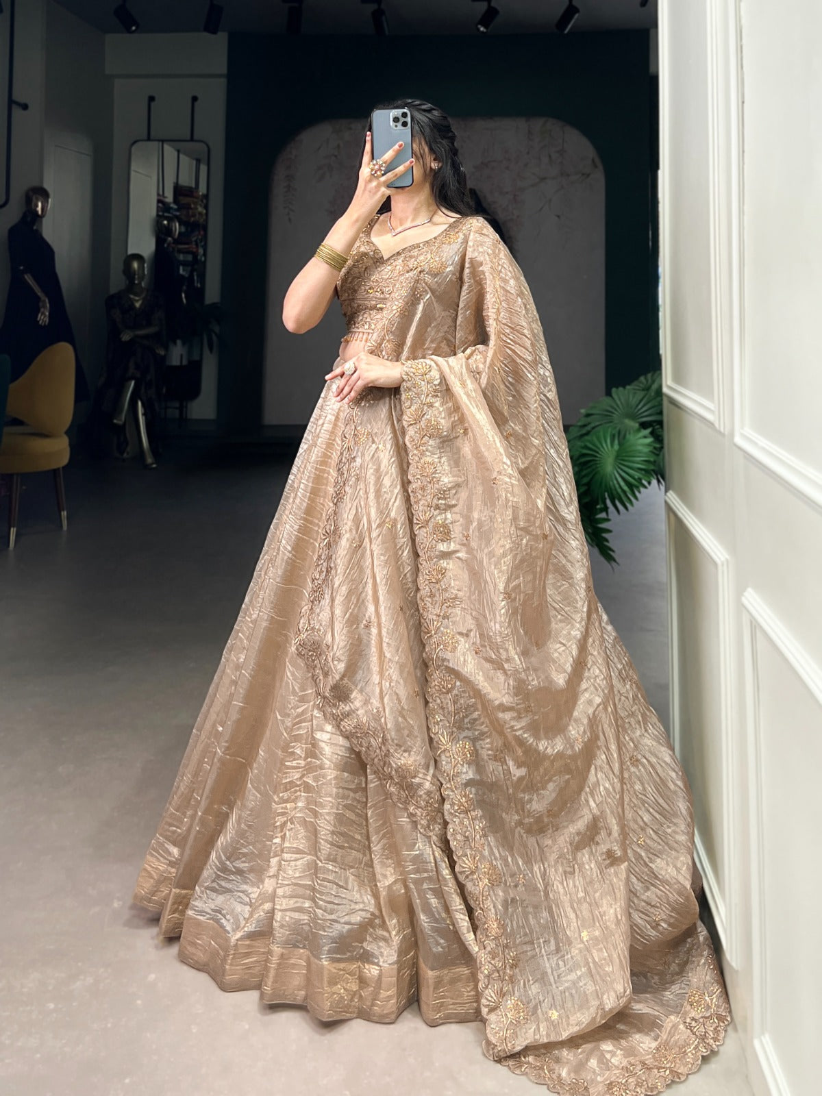 chiku color gold crush lehenga choli with dupatta online