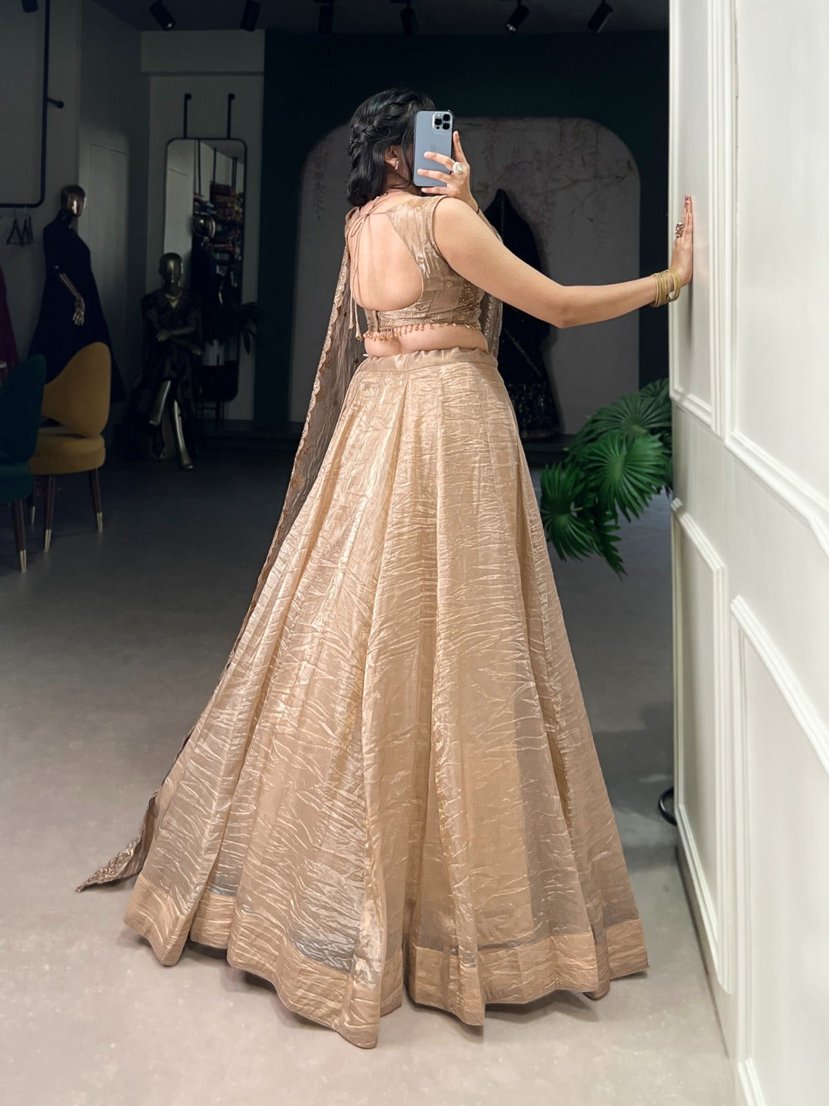 chiku color gold crush lehenga choli with dupatta images