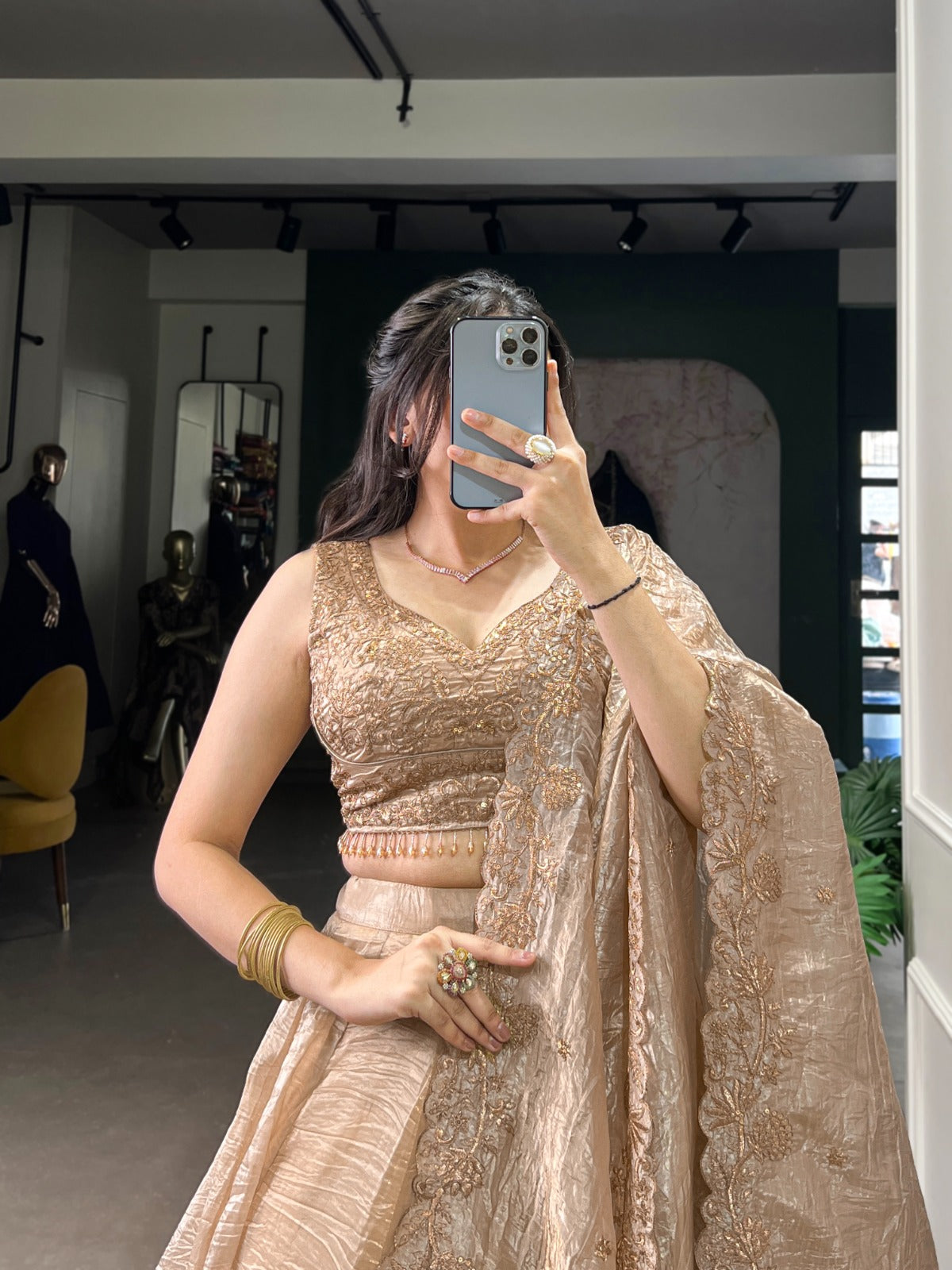 chiku color gold crush lehenga choli with dupatta reception