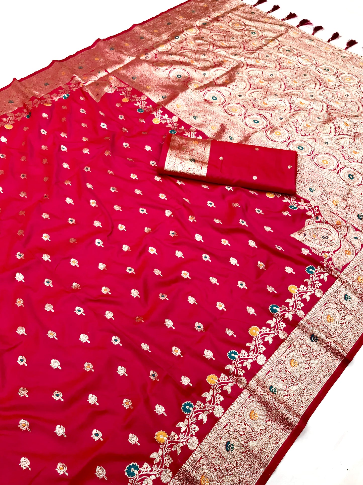 Red color banarasi silk saree with blouse images
