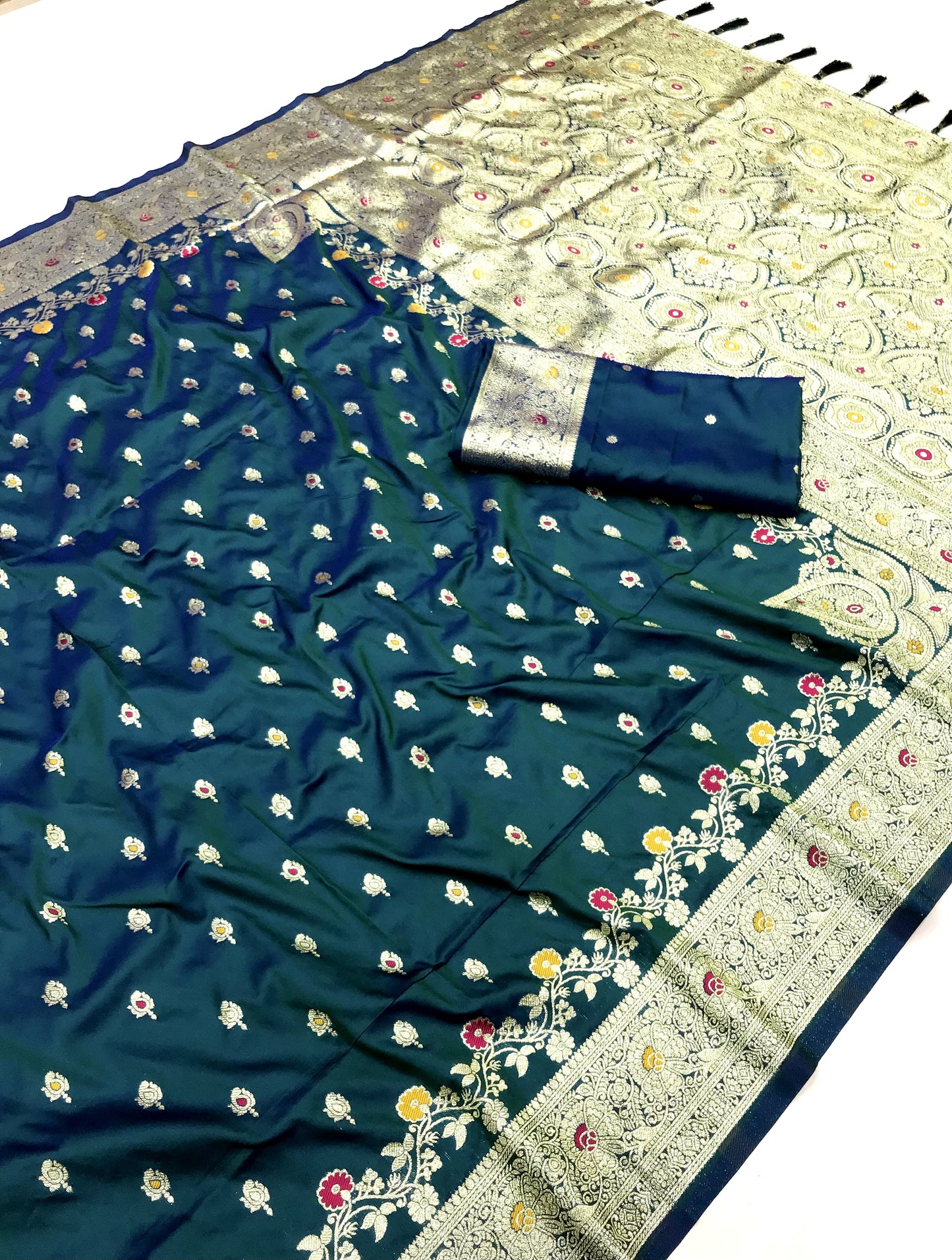 Teal color banarasi silk saree with blouse design