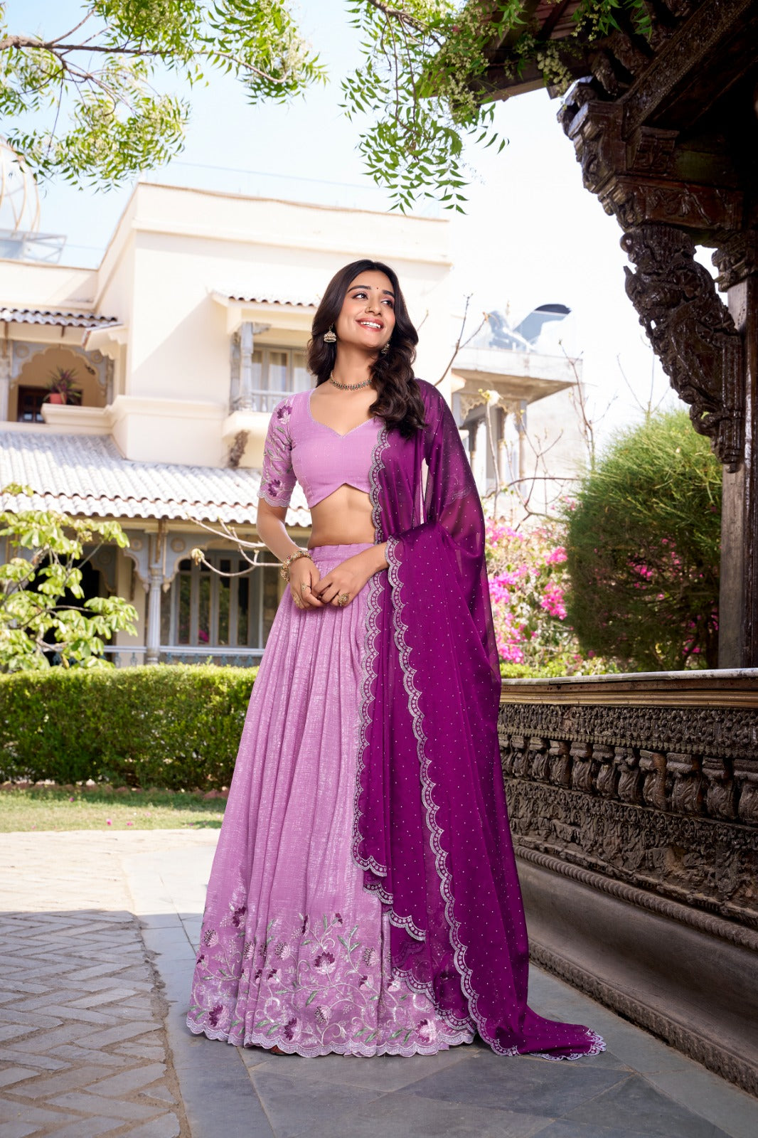Lavender color silver glosy lehenga choli for women