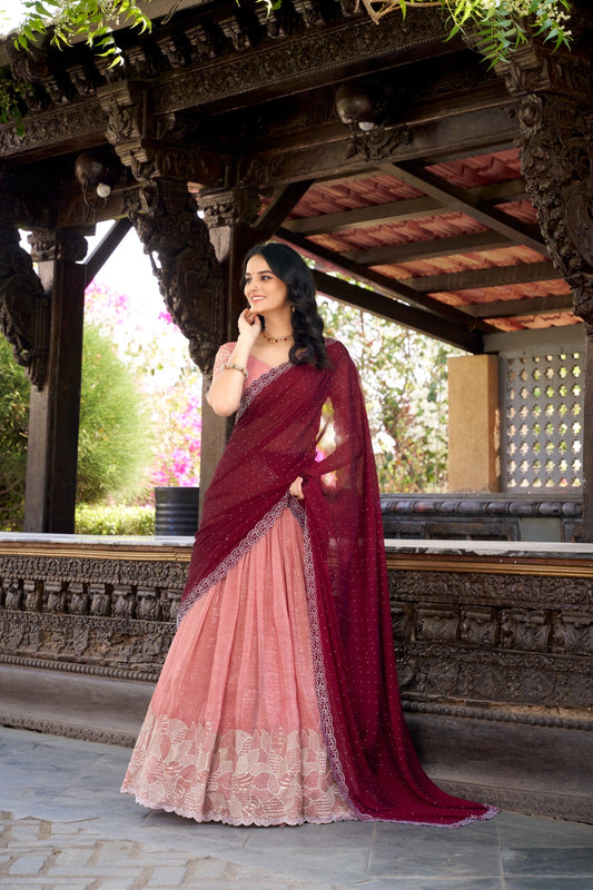 Peach color silver glosy lehenga choli with dupatta