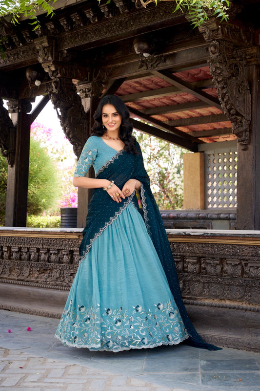 Sky blue color silver glosy lehenga choli price