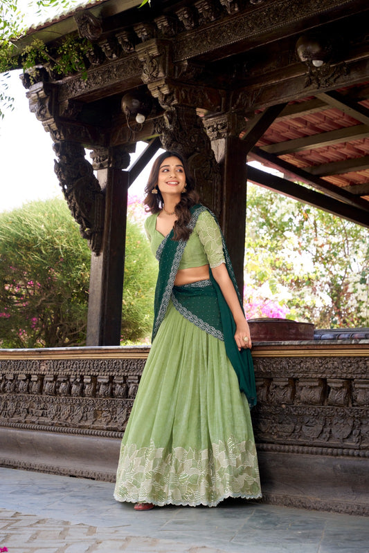 Green color silver glosy lehenga choli price