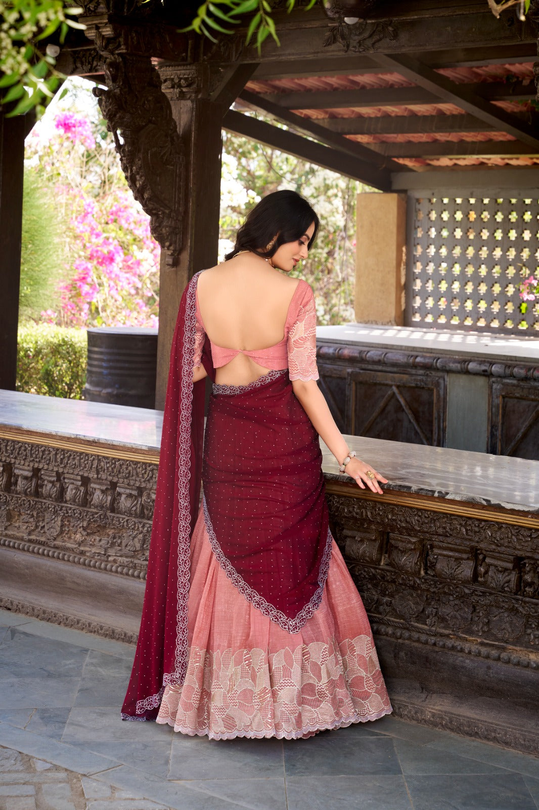 Peach color silver glosy lehenga choli with online shopping