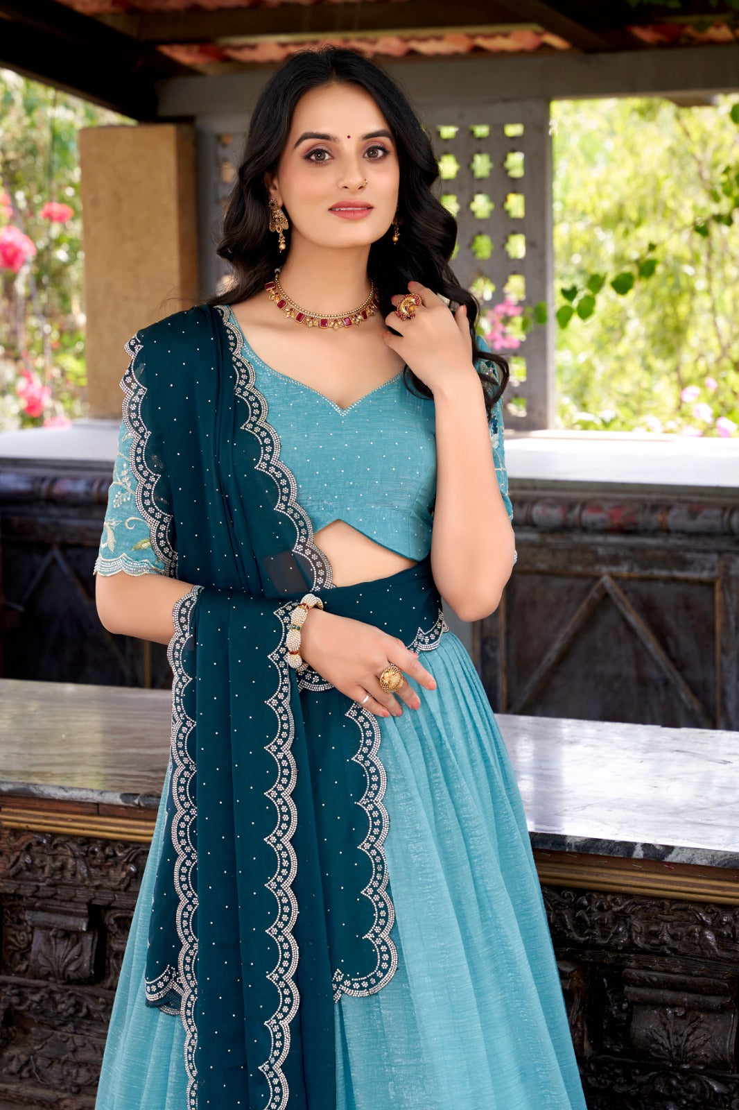 Sky blue color silver glosy lehenga choli with online shopping
