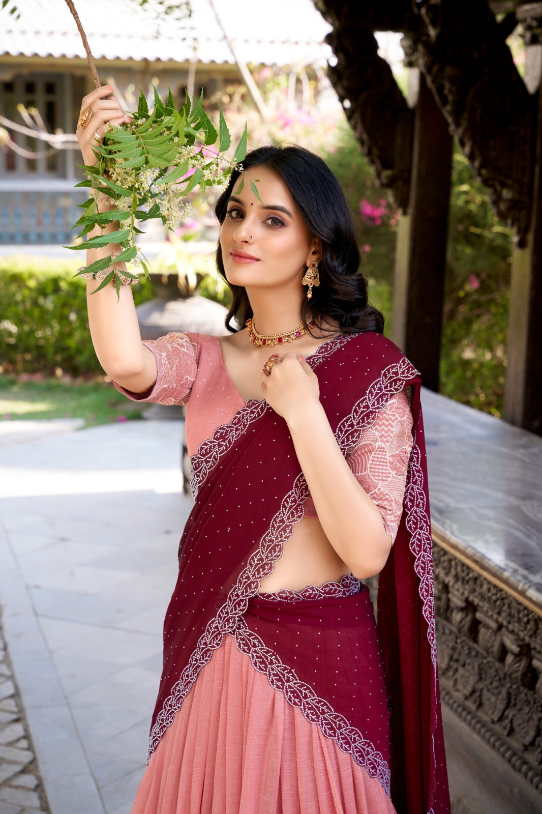 Peach color silver glosy lehenga choli