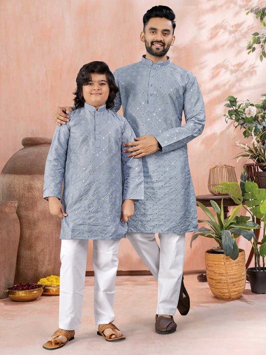 Sky color kids and mens kurta pajama paired Silk