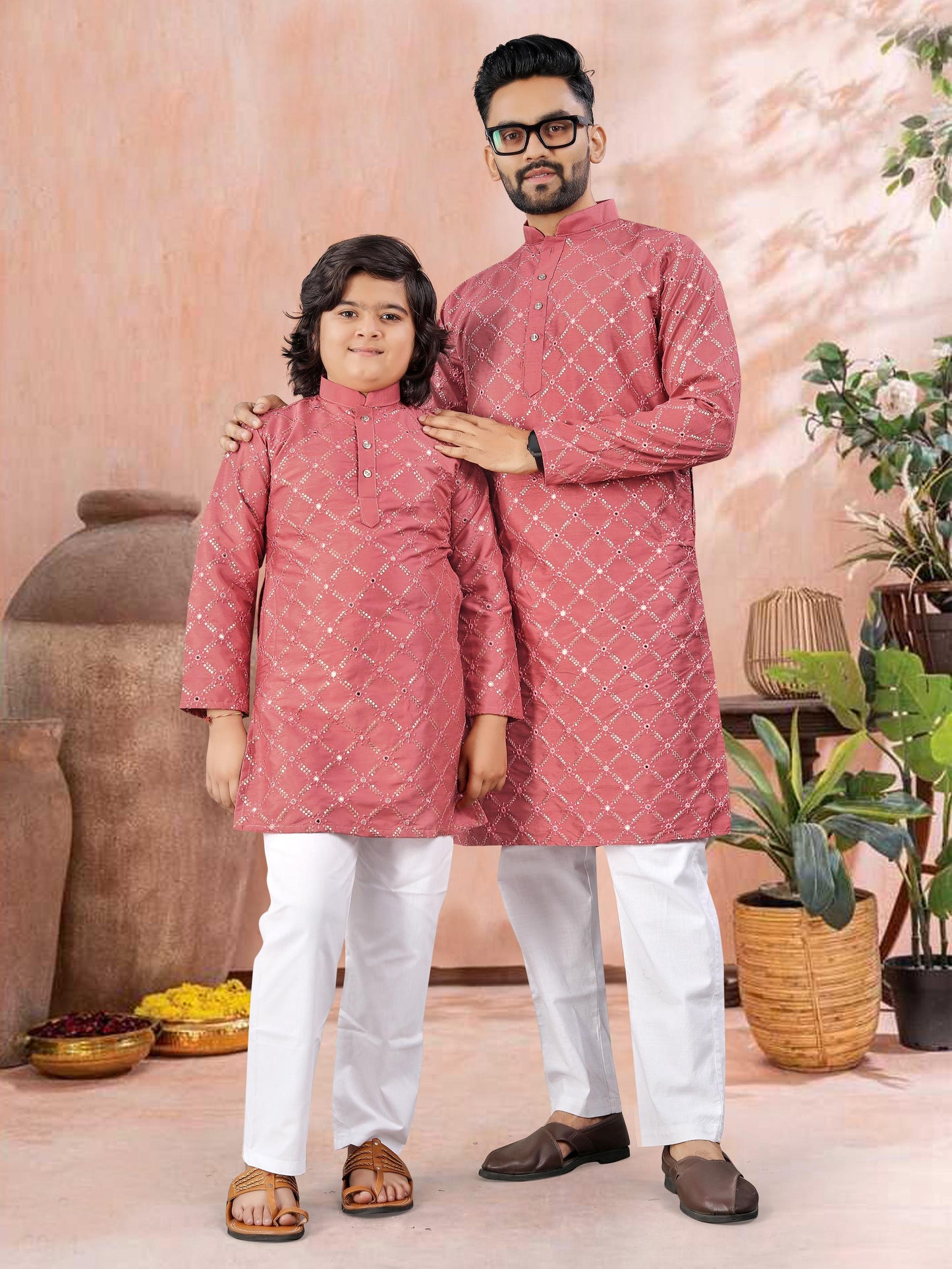 Pink color silk father & son kurta pajama