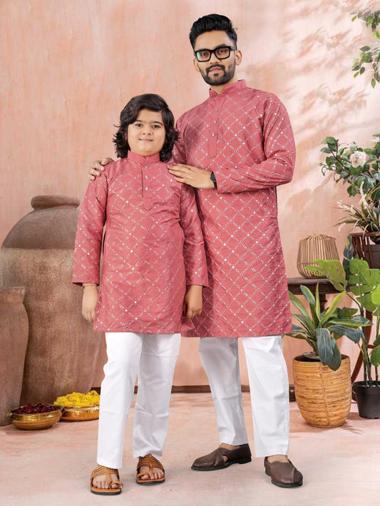 Pink color silk father & son kurta pajama