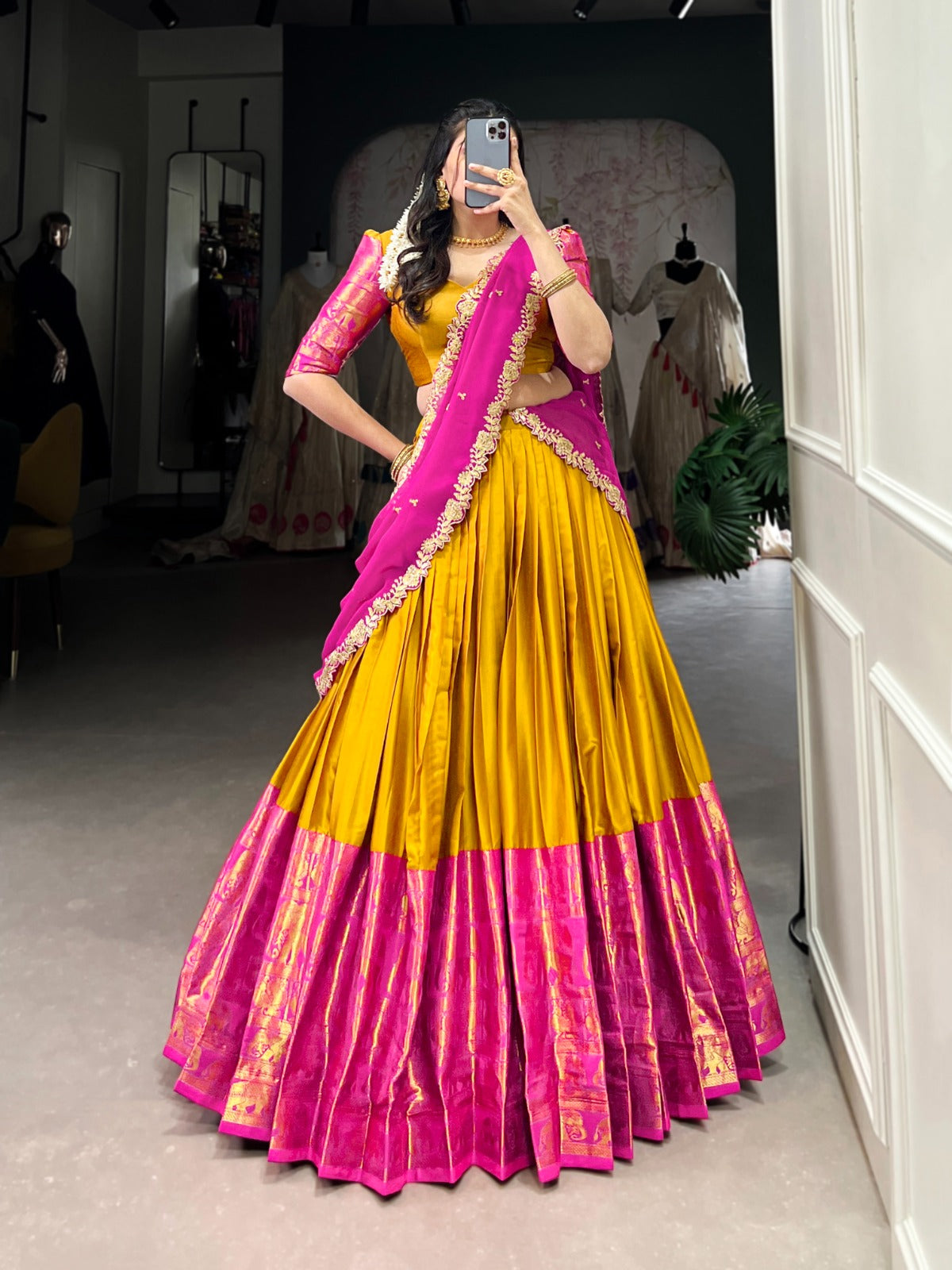 Mustard color narayan pattu lehenga choli for women