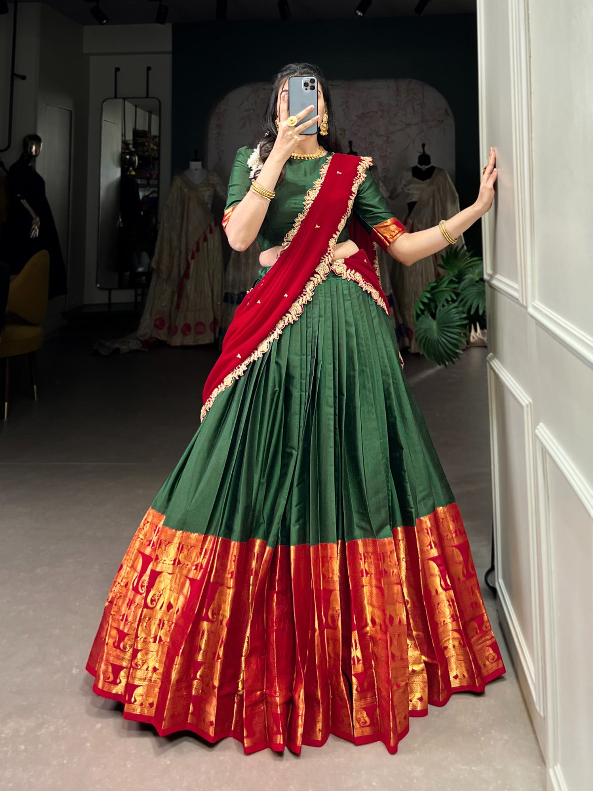 Green color narayan pattu lehenga choli for women