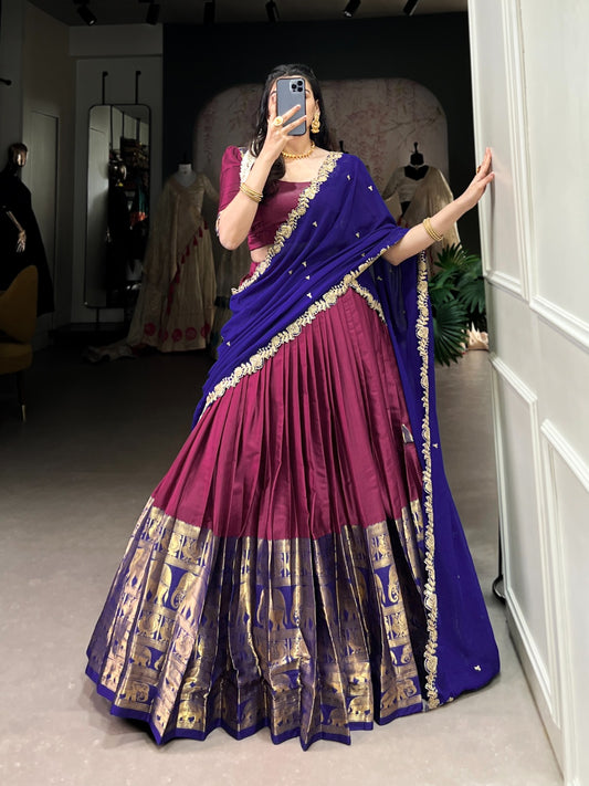 Pink color narayan pattu lehenga choli with dupatta