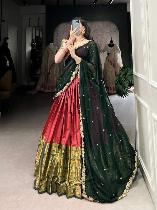 Red color narayan pattu lehenga choli for party