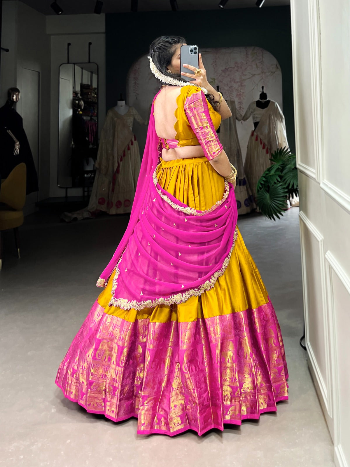 Mustard color narayan pattu lehenga choli with dupatta images