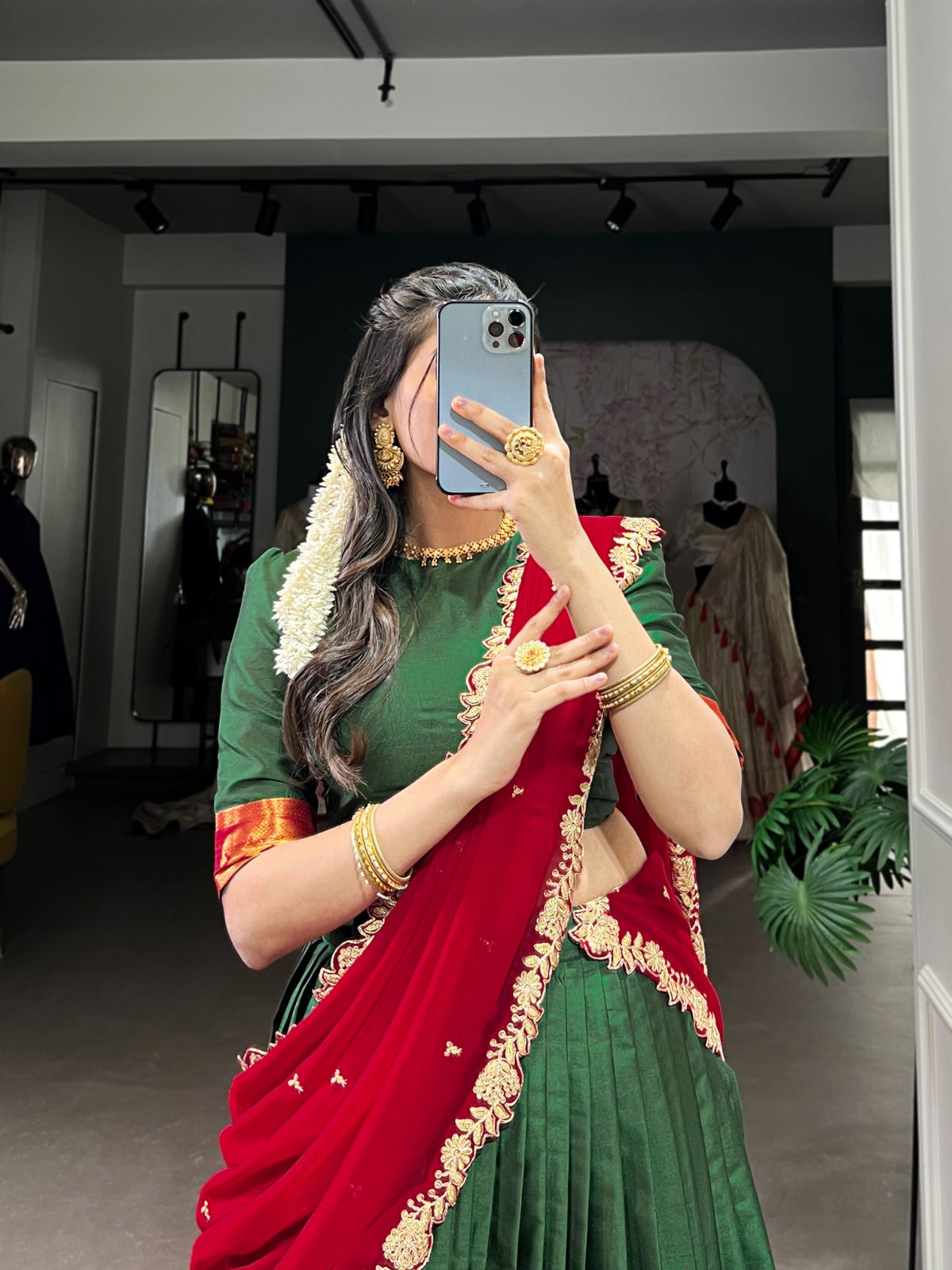 Green color narayan pattu lehenga choli with dupatta