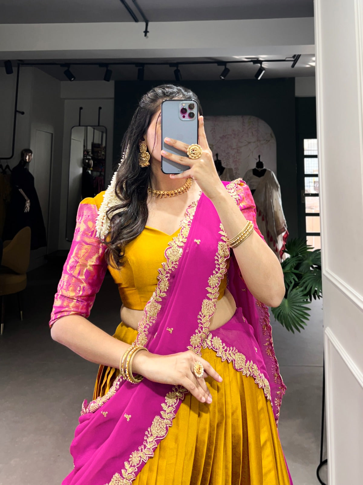 Mustard color narayan pattu lehenga choli with dupatta