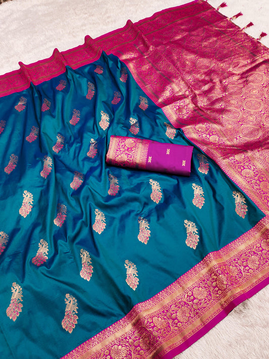 Teal color silk weaving saree for women