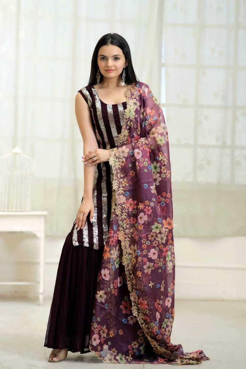 Wine embroidery work sharara suit