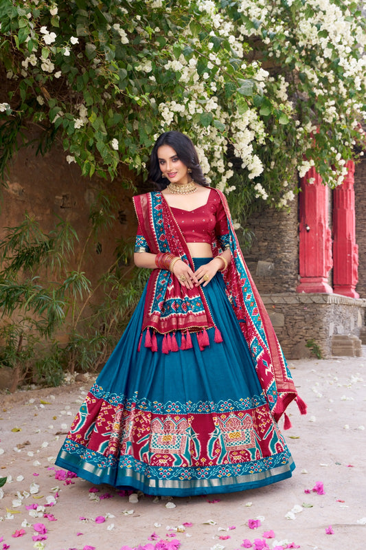Teal color tussar silk lehenga choli with dupatta online