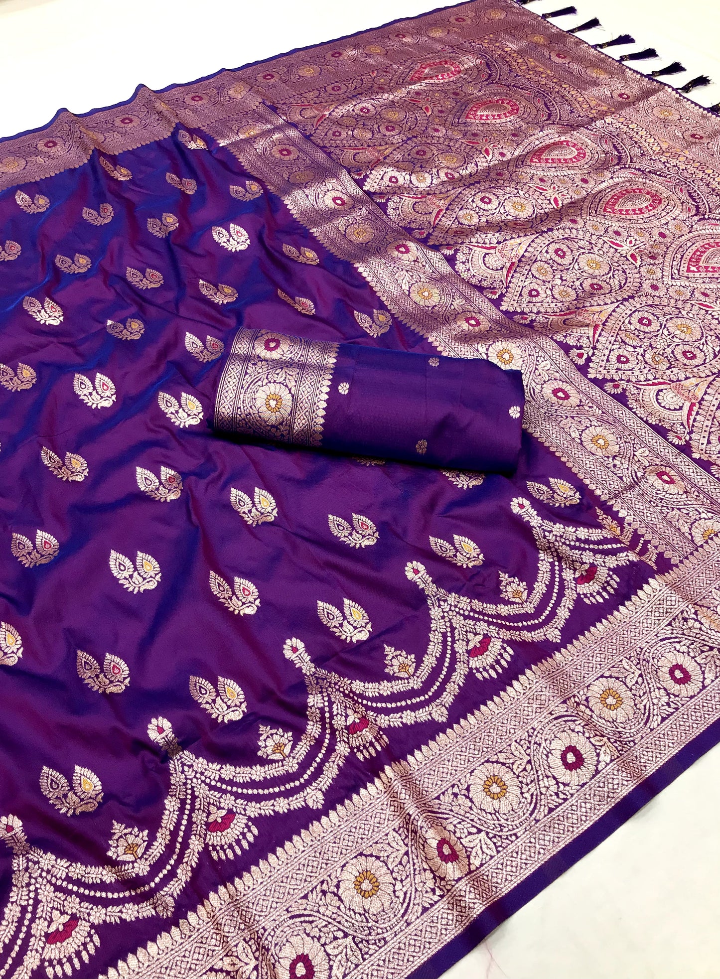 Purple color banarasi silk saree with blouse images