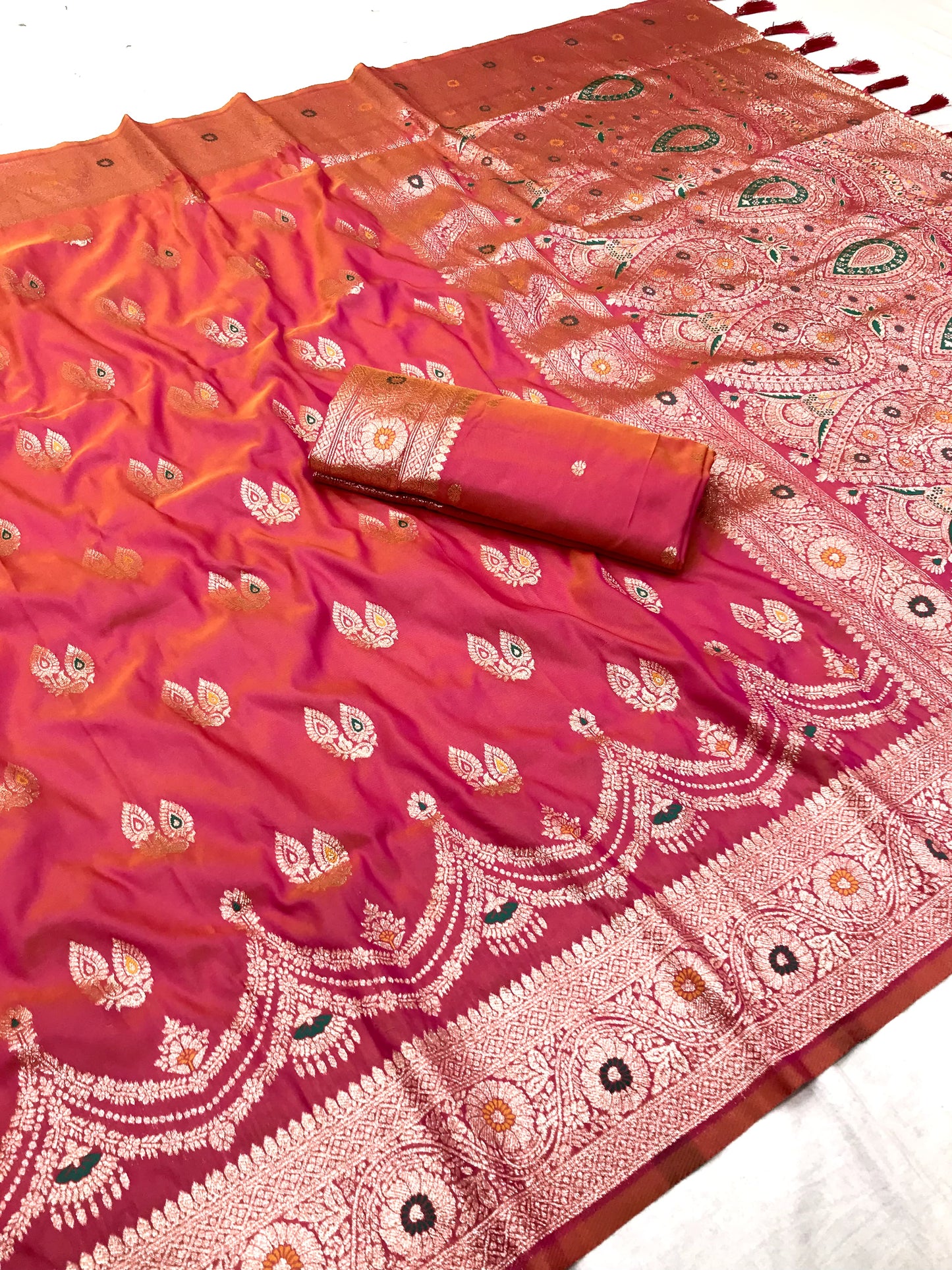 Pink color banarasi silk saree with blouse for wedding