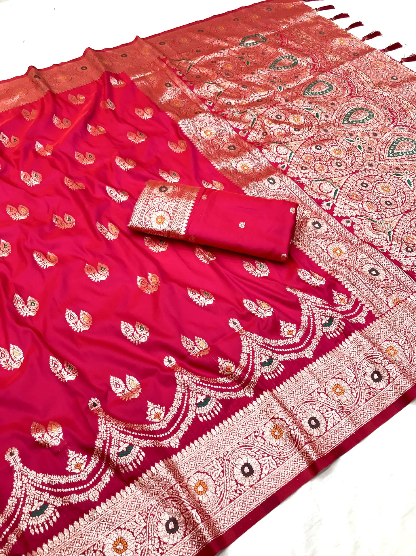 Pink color banarasi silk saree with blouse for party