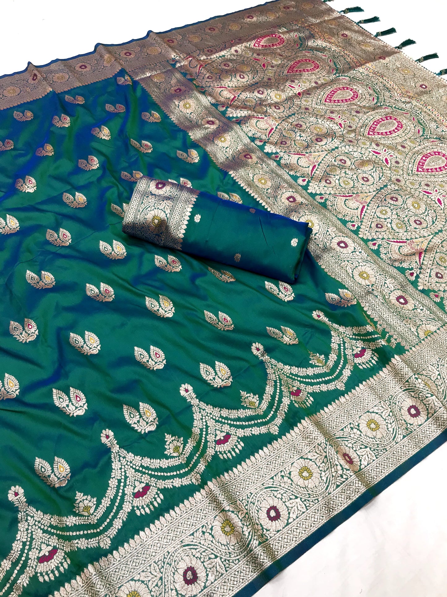 Teal Green color banarasi silk saree with blouse design