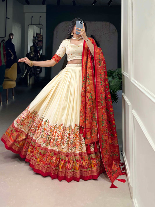 Off white color tussar silk lehenga choli for women
