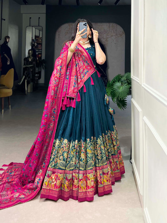 Peacock blue tussar silk lehenga choli with dupatta images