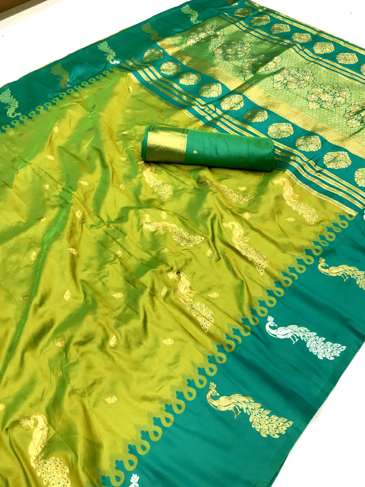 Parrot color banarasi silk saree images