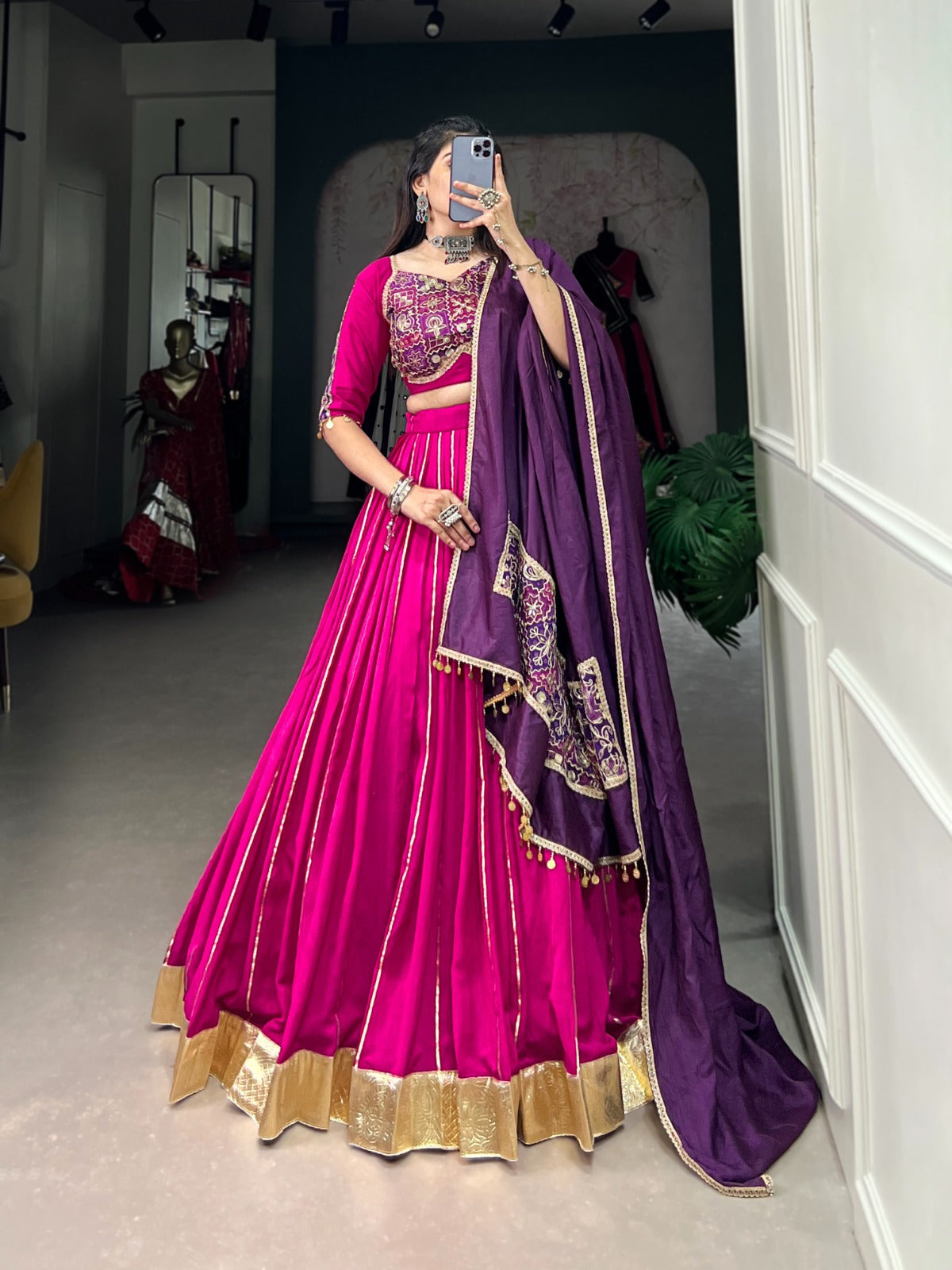 Pink color chanderi lehenga choli for women