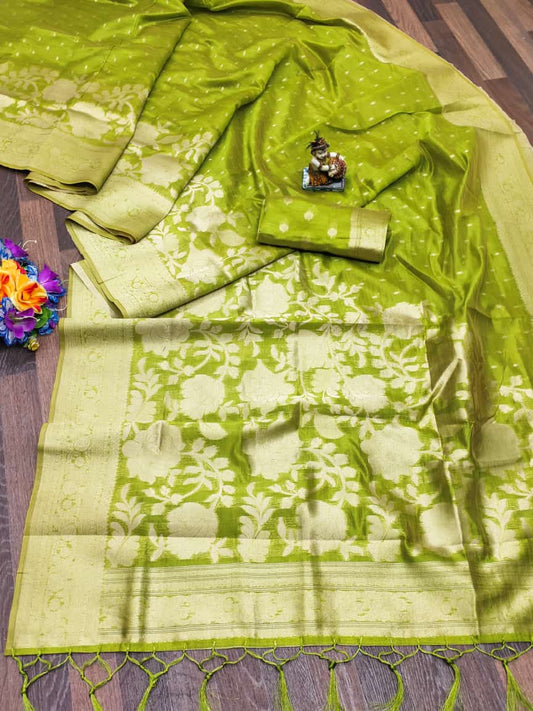 Parrot color viscose organza saree for wedding