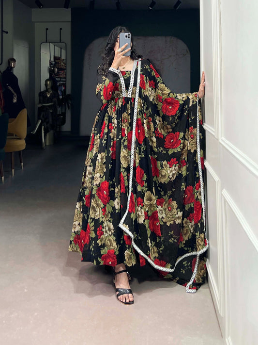 Red color georgette gown for party