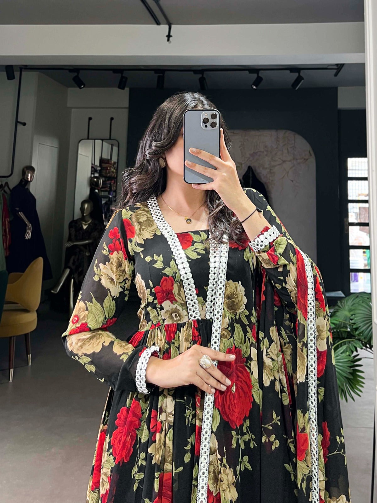 Red color georgette gown with dupatta price