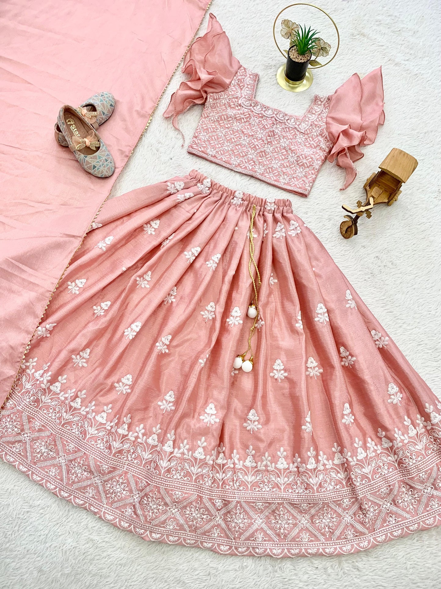 Peach color chinon silk girls lehenga choli price